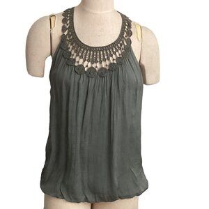 Carla Conti Silk Crochet Neck Sleeveless Blouse Tank Top Sz S Green 156H